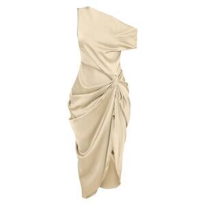 Pretty Little Thing Champagne Satin off the Shoulder Draped Skirt Midi Dress 12